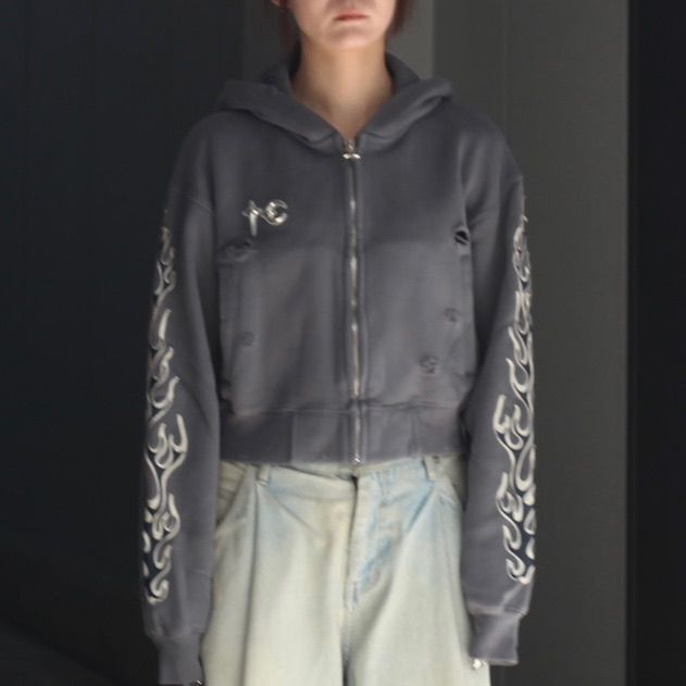 【残り一点】Leather Flame Cropped Hooded Zip Up