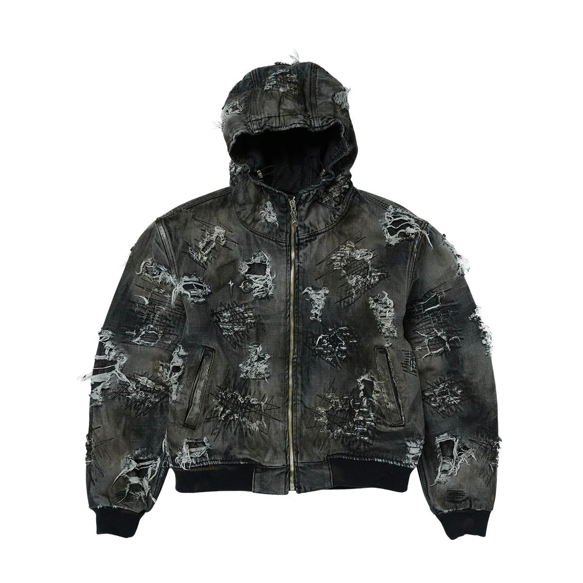 【残り一点】Hard-Washed Damaged Denim Hooded Zip Up