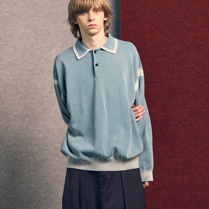 【残り一点】High Twist Pigment Bleach Prime-Over Long Sleeve Knit Polo Shirt
