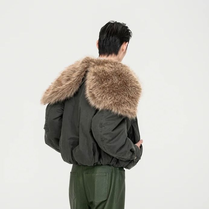 【残り一点】Green Washed Cotton Jacket with Faux Fur Collar