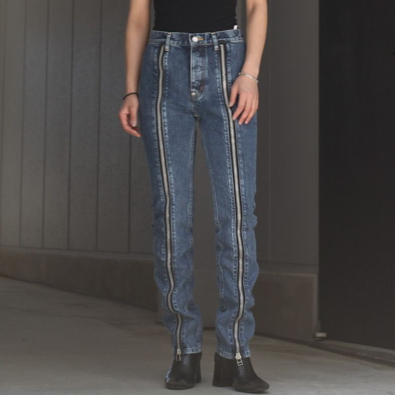 JOHN LAWRENCE SULLIVAN ジョンローレンスサリバン Washed Denim Zipped Pants　センタージップウォッシュドデニムロングパンツ　グレー　レディース