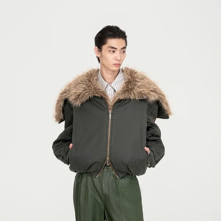 【残り一点】Green Washed Cotton Jacket with Faux Fur Collar