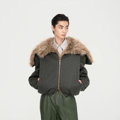 【残り一点】Green Washed Cotton Jacket with Faux Fur Collar
