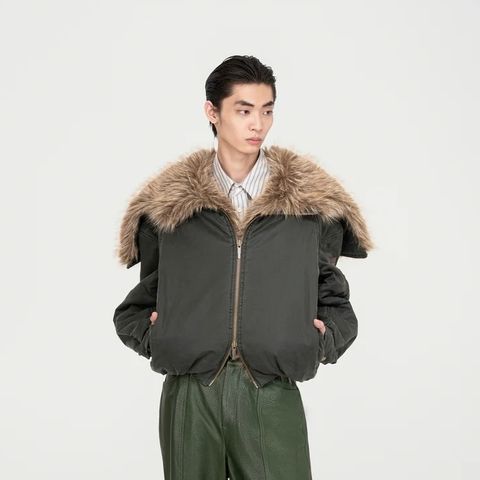 【残り一点】Green Washed Cotton Jacket with Faux Fur Collar