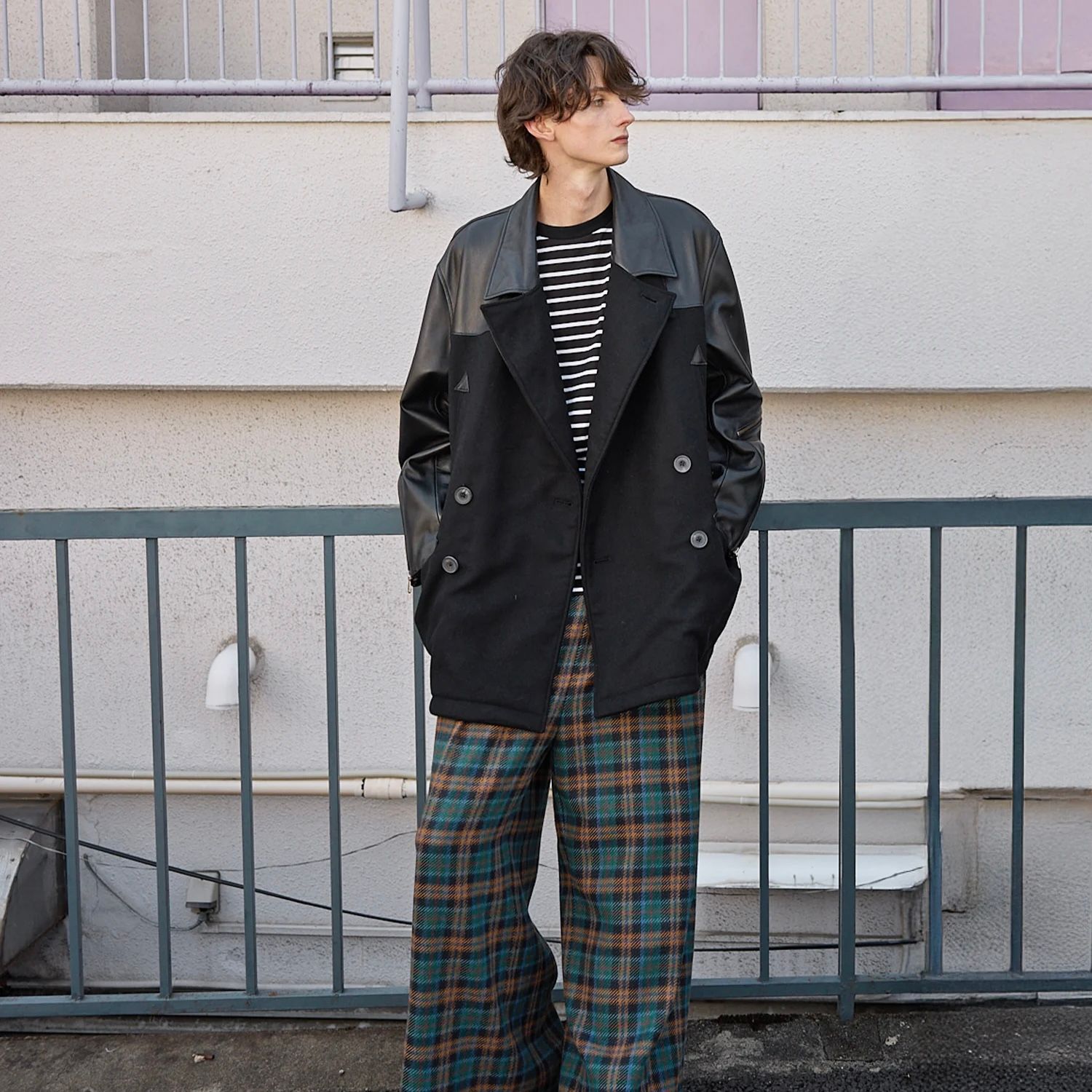 【残り一点】Sheep Leather Melton Combination Pea Coat