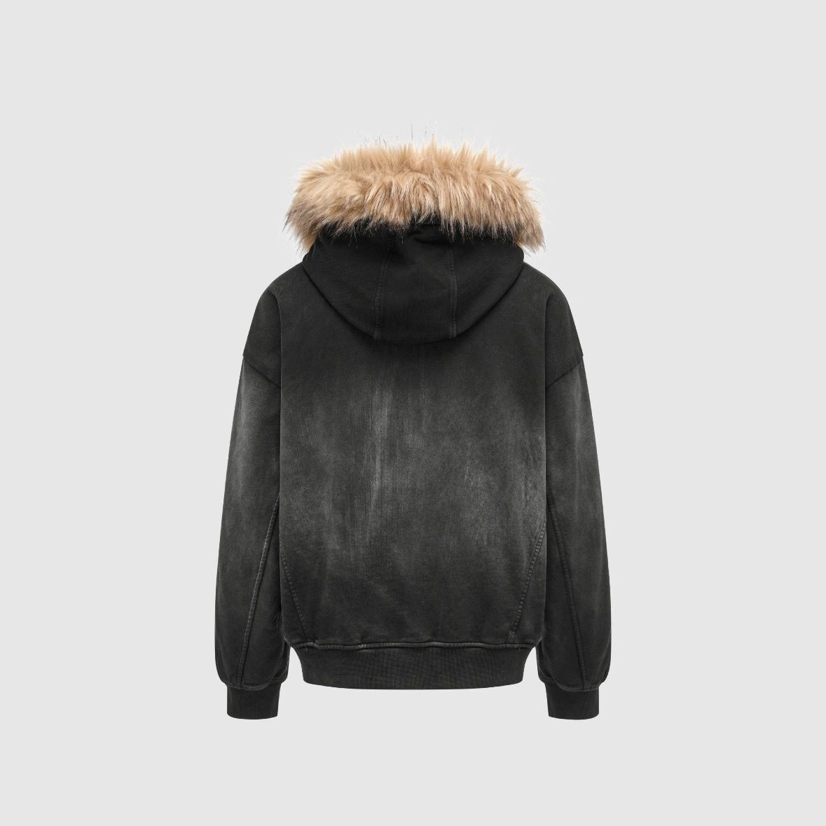 【残り一点】Grey Washed Faux Fur-Trim Zip-Up Hoodie