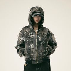 【残り一点】Hard-Washed Damaged Denim Hooded Zip Up