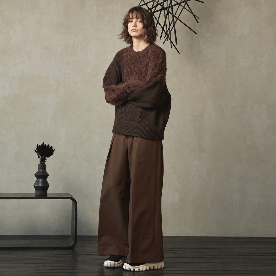 【残り一点】Cable Shaggy Mix Prime Over Crew Neck Knit Pull Over