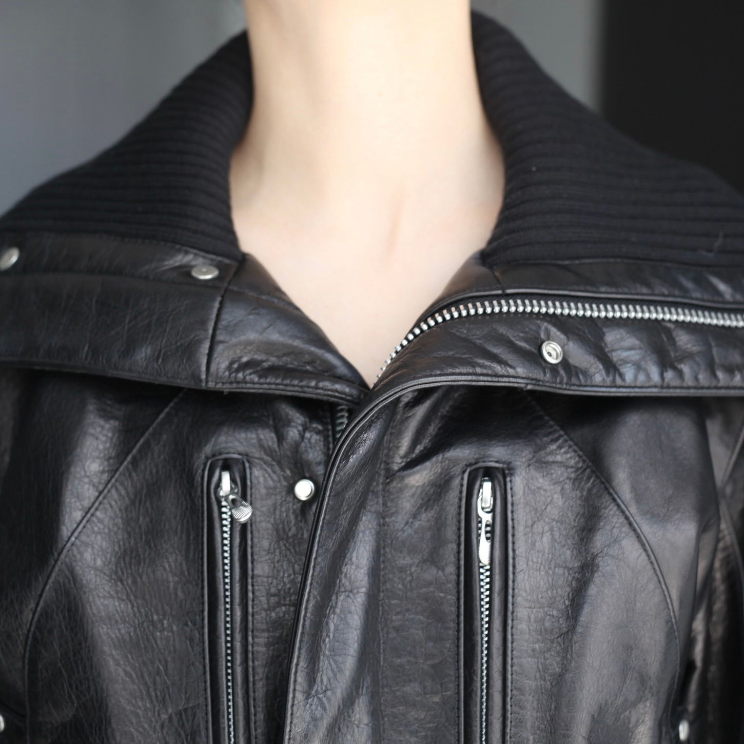 【残り一点】Leather Padded High Neck Bomber Jacket