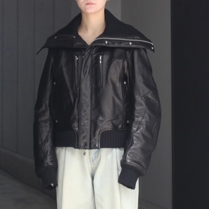 【残り一点】Leather Padded High Neck Bomber Jacket