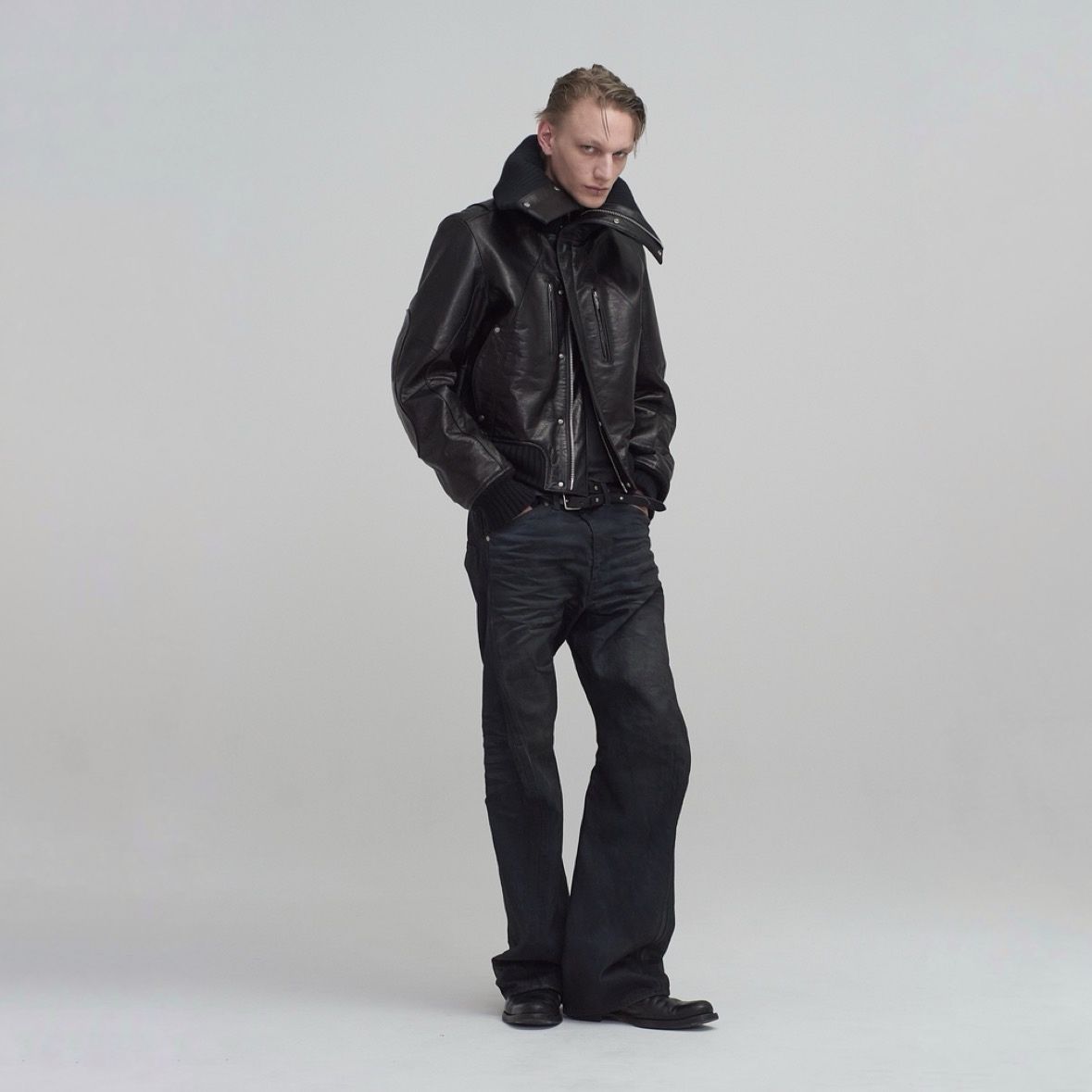 【残り一点】Leather Padded High Neck Bomber Jacket