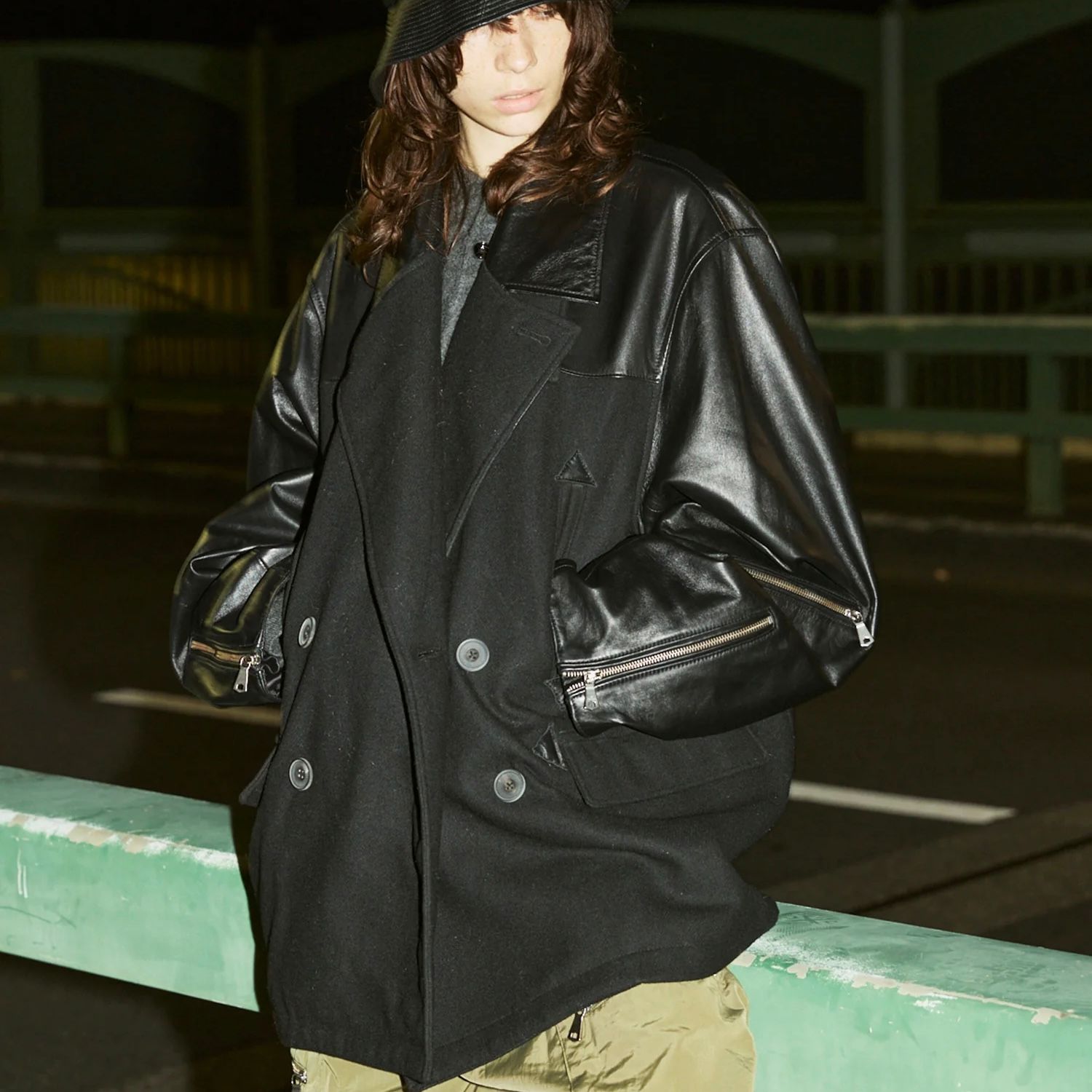 【残り一点】Sheep Leather Melton Combination Pea Coat