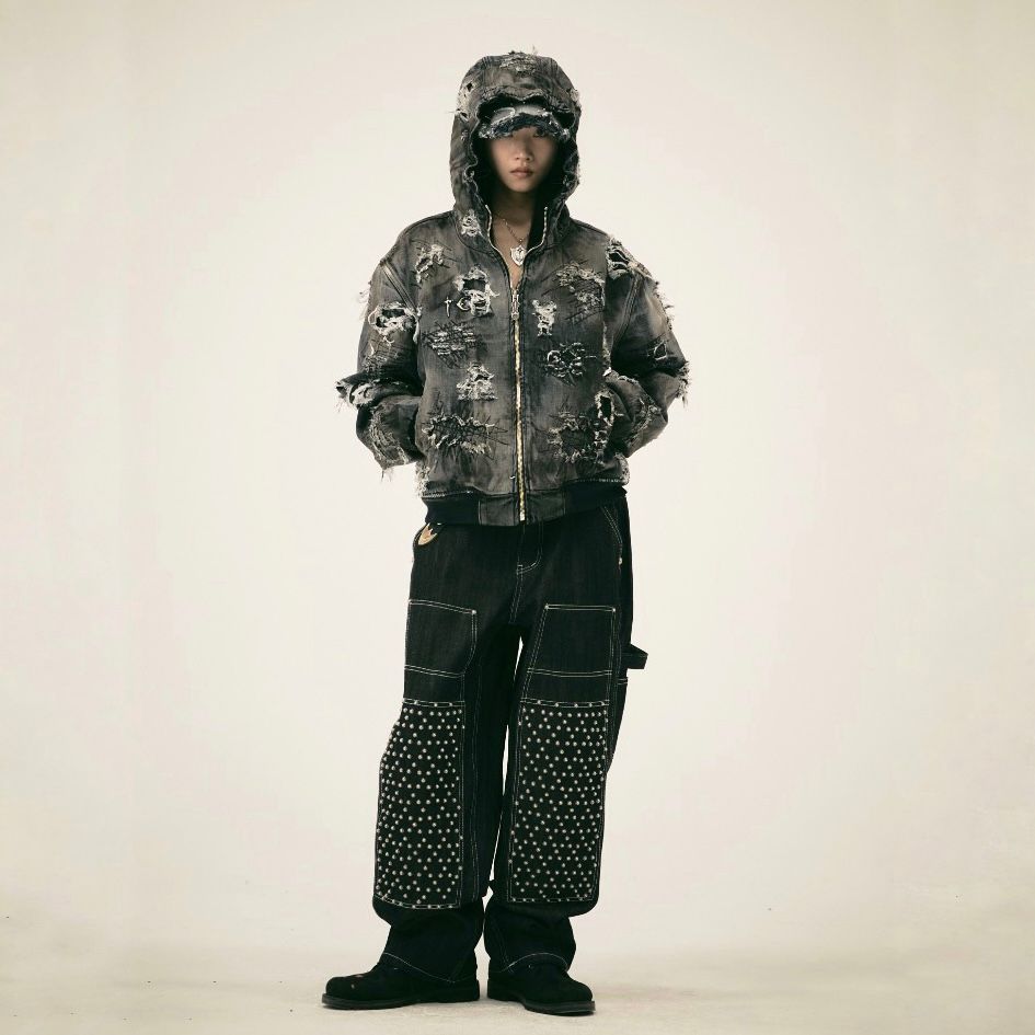 【残り一点】Hard-Washed Damaged Denim Hooded Zip Up