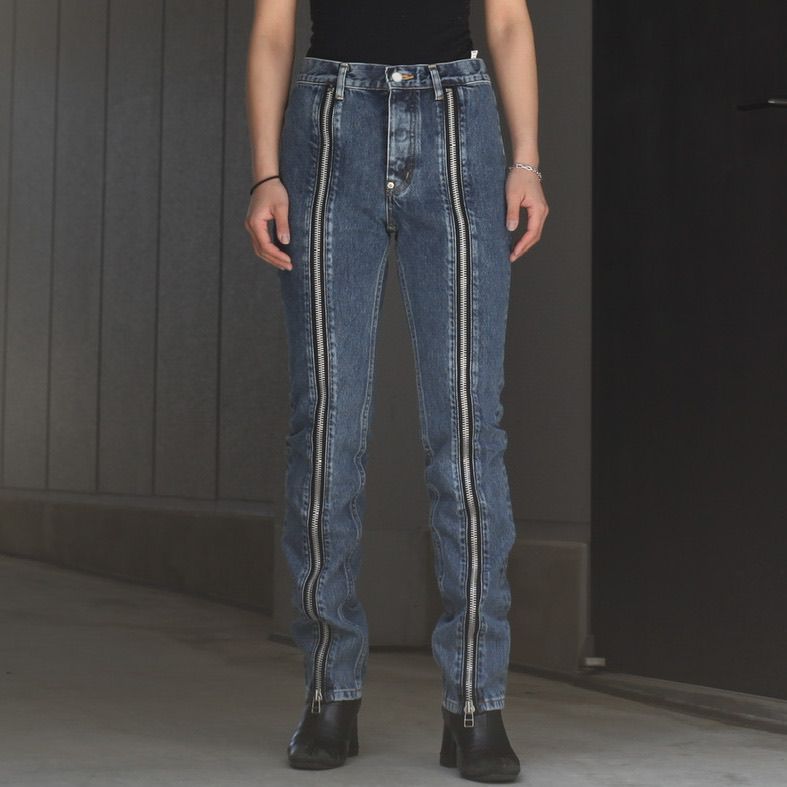 BLEACHED DENIM ZIPPED PANTS