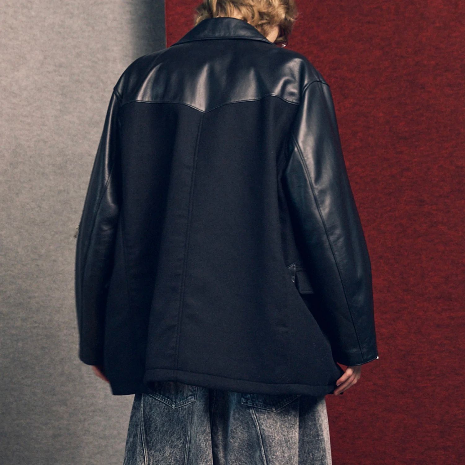 【残り一点】Sheep Leather Melton Combination Pea Coat
