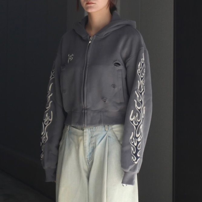 【残り一点】Leather Flame Cropped Hooded Zip Up