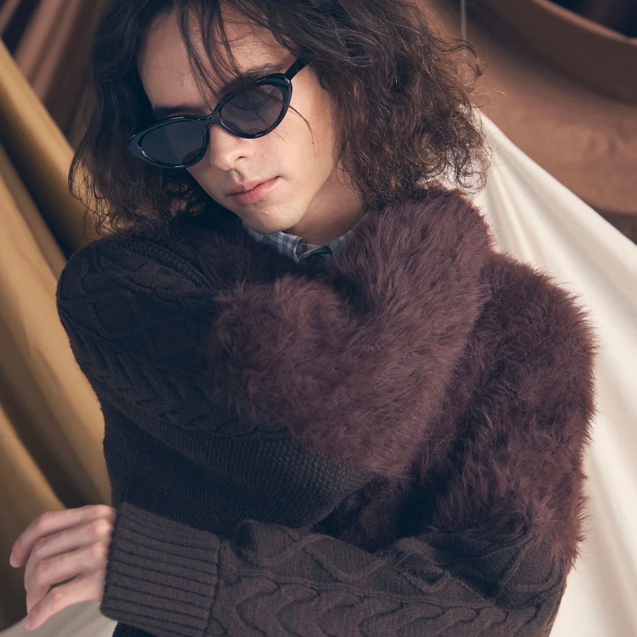 【残り一点】Cable Shaggy Mix Prime Over Crew Neck Knit Pull Over