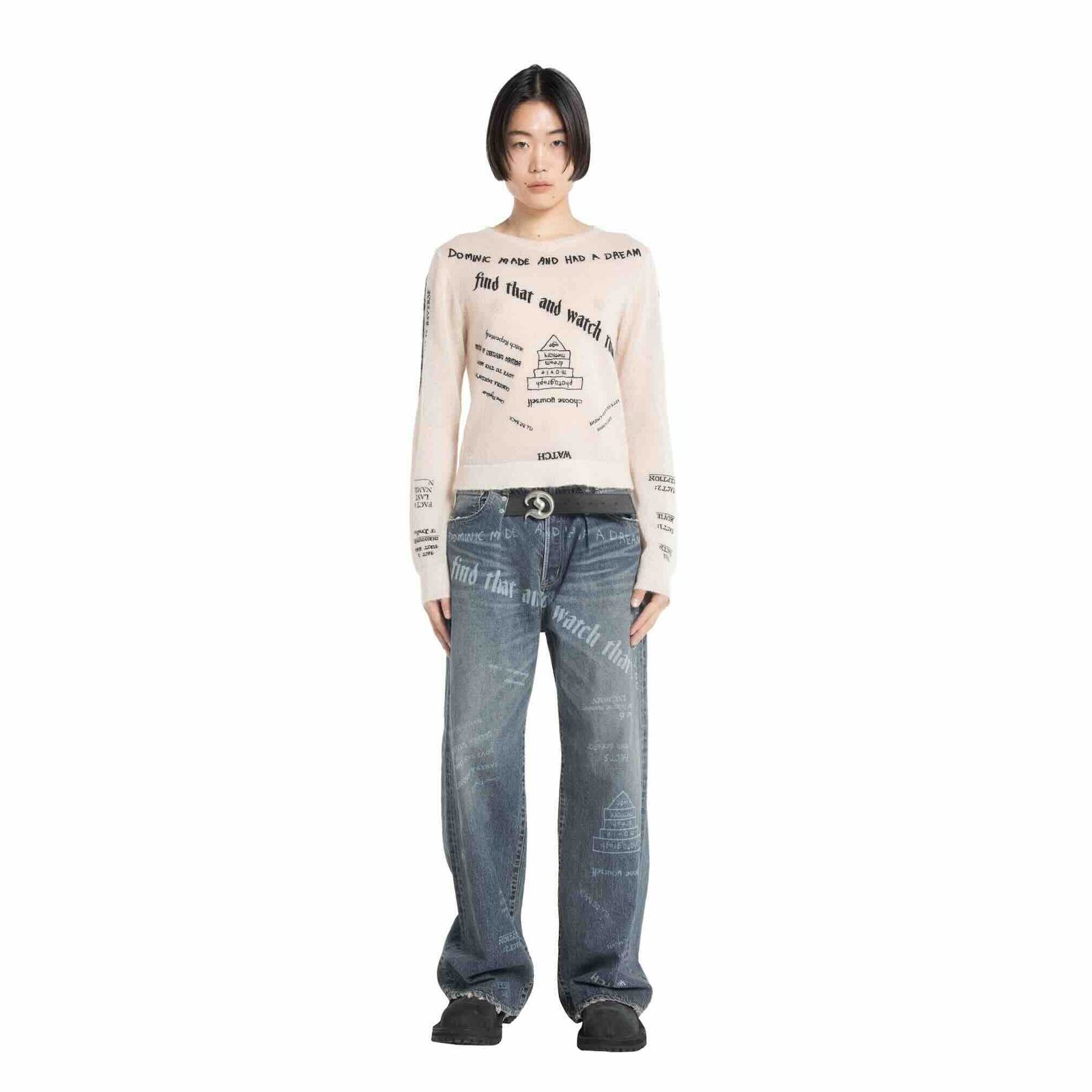 【残り一点】"D"Buckle Laser Printed Super Wide Denim Pants