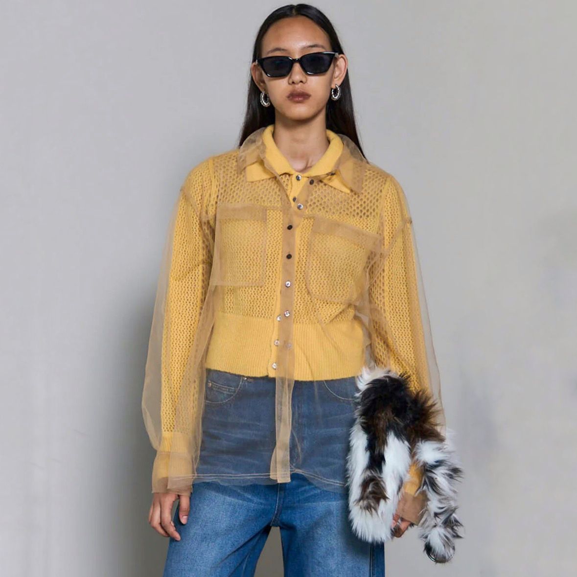 【残り一点】Tulle Shirt Layered Polo Knit Cardigan