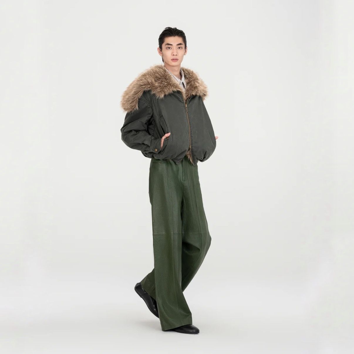 【残り一点】Green Washed Cotton Jacket with Faux Fur Collar