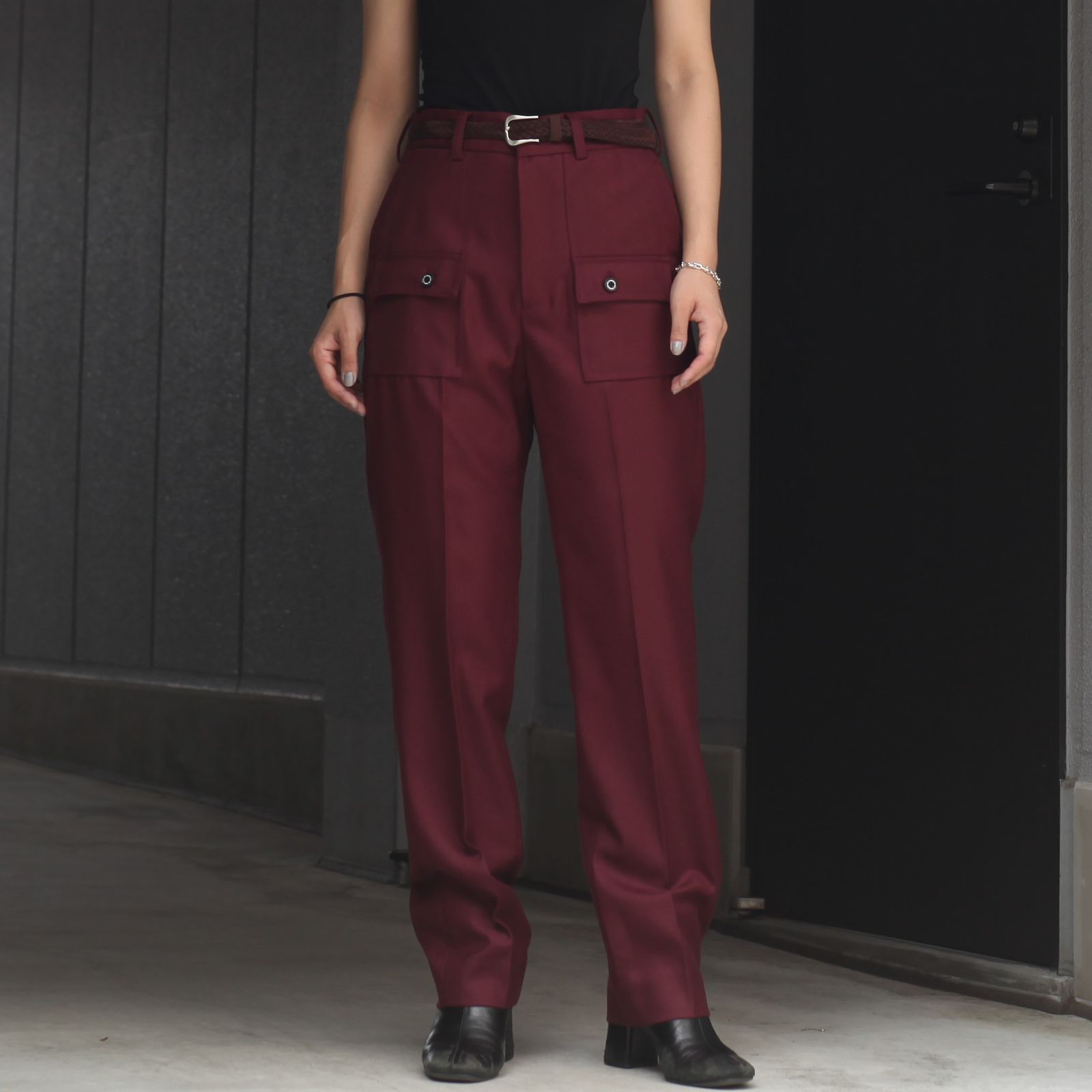 DAIRIKU Bush Detail Wool Flare Slacks | housecleaningmadison.com