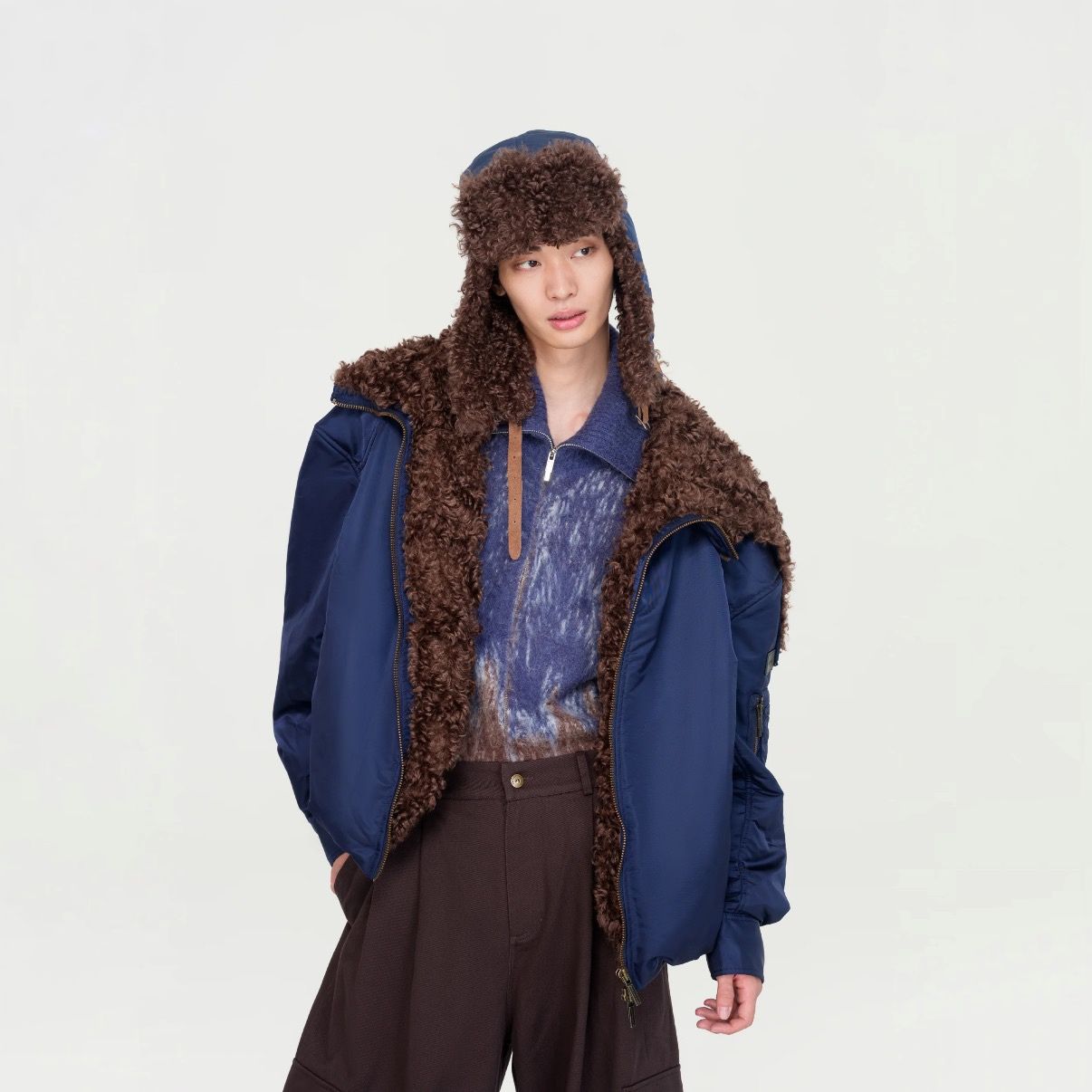 【残り一点】Navy Nylon Jacket with Faux Fur Collar