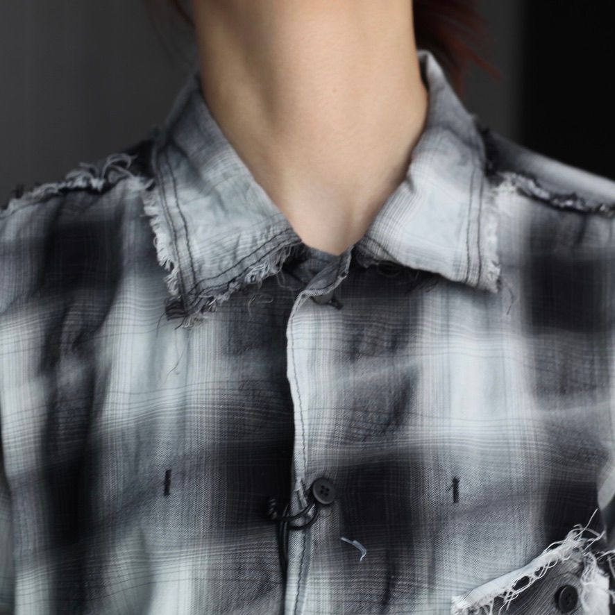 MINUS マイナス　スラッシュシーム チェックシャツ ー］Minus(マイナス)のSlash Seam Ombre Check Shirt DRUNK RED
