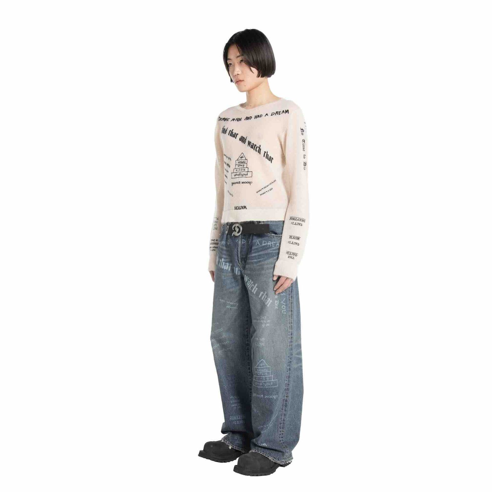 【残り一点】"D"Buckle Laser Printed Super Wide Denim Pants