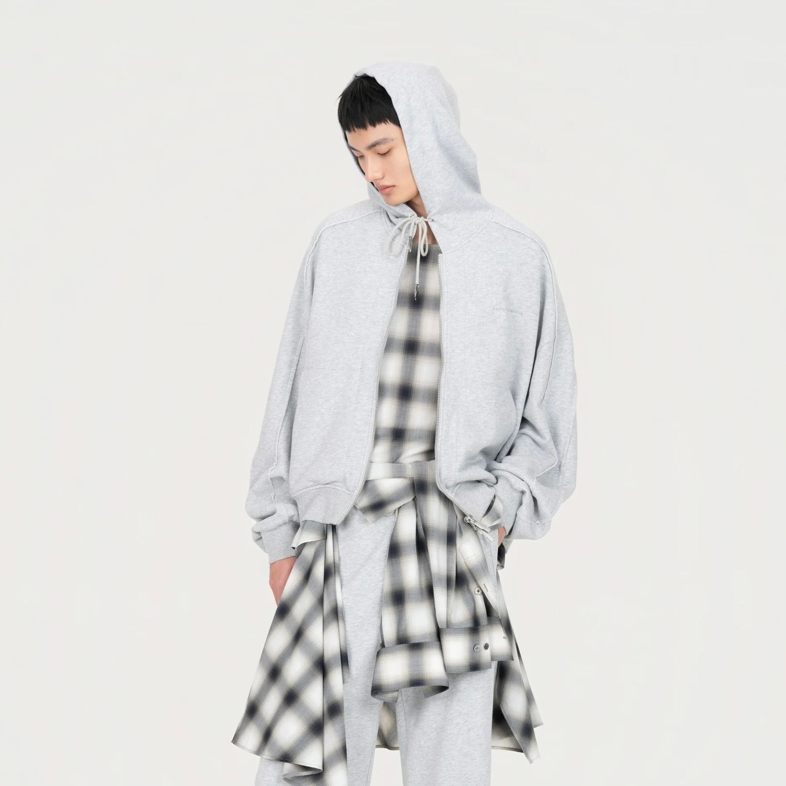 【残り一点】2in1 Zip Hoodie with Check Shirt