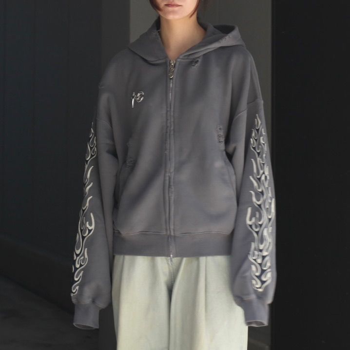 【残り一点】Leather Flame Hooded Zip Up