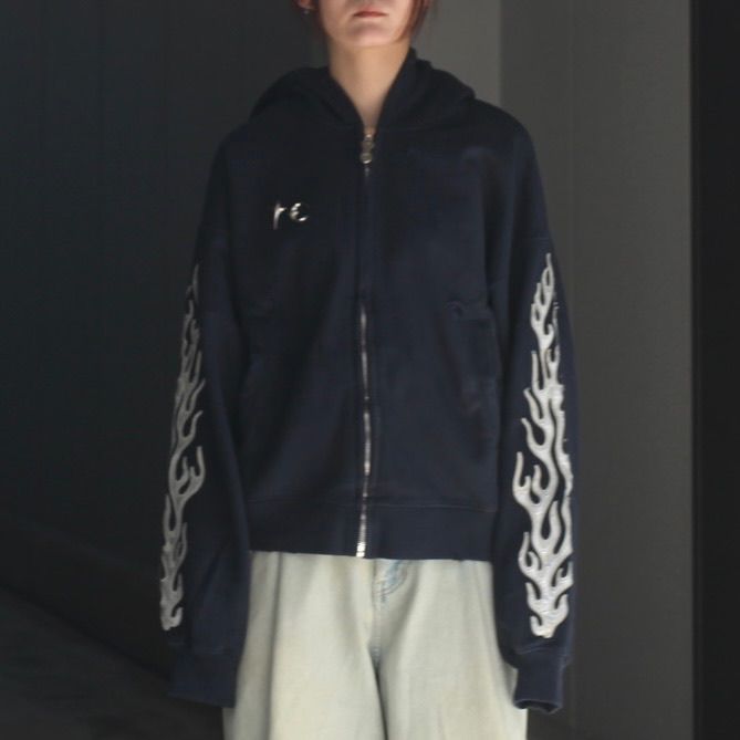 【残り一点】Leather Flame Hooded Zip Up