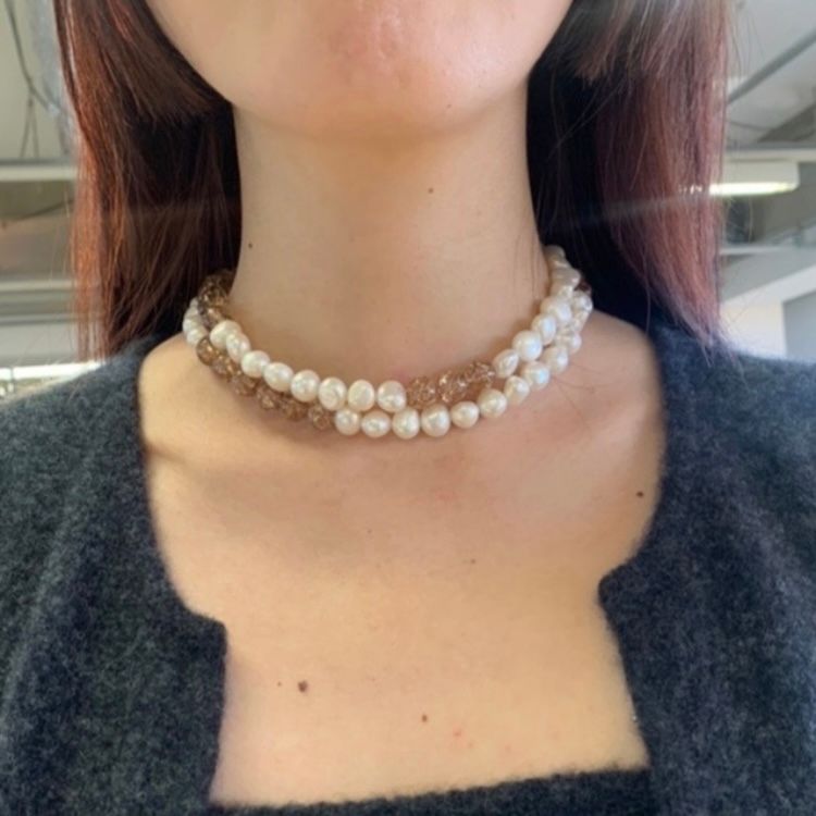 【お取り寄せ注文可能】Baroque Pearl Cracked Crystal Double Necklace