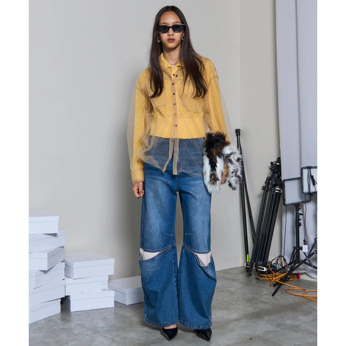 【残り一点】Tulle Shirt Layered Polo Knit Cardigan
