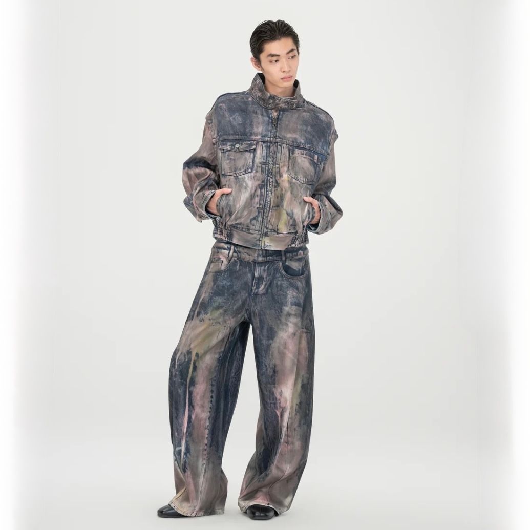 【残り一点】Brown Artistically Tie-Dyed Coated Denim SC Jacket
