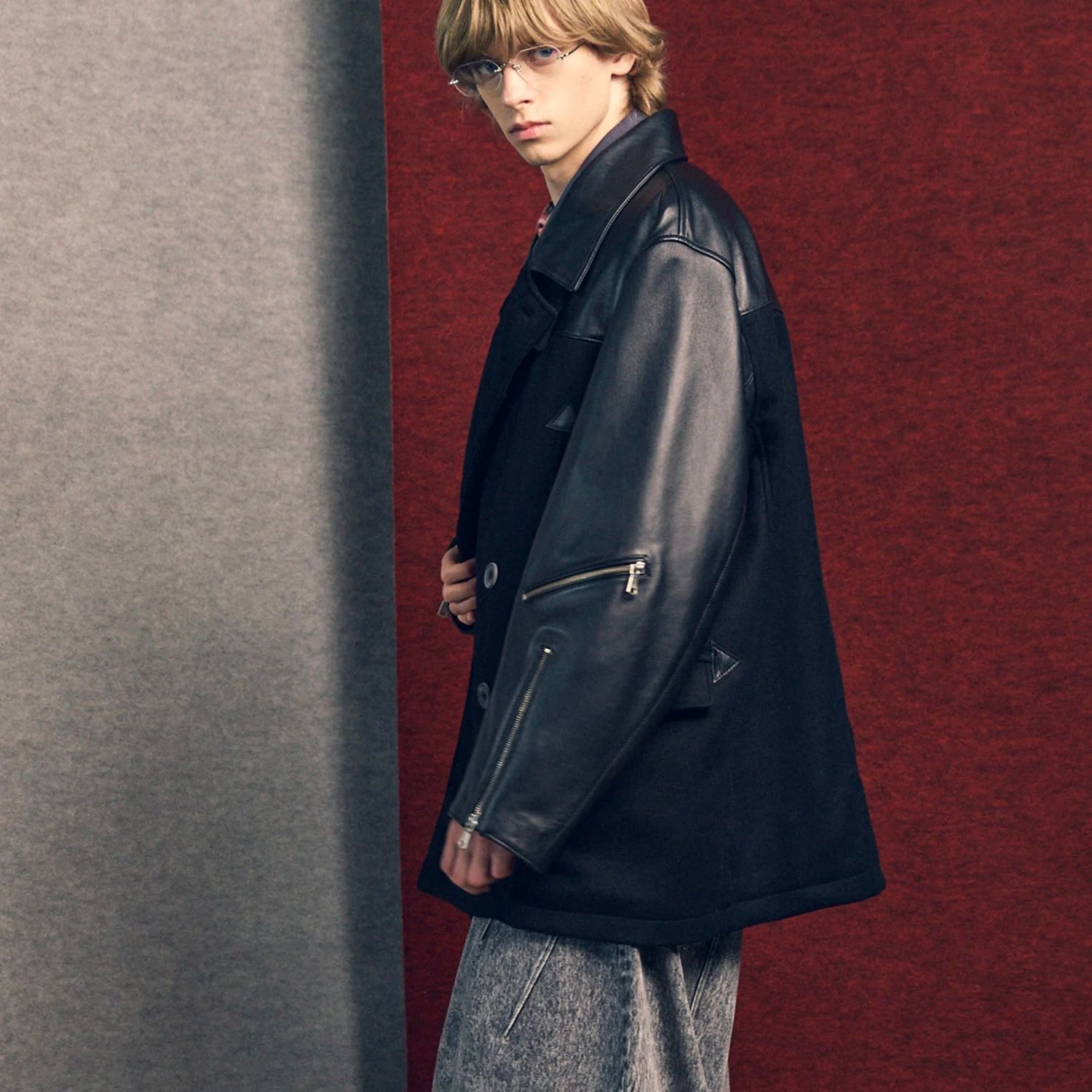 【残り一点】Sheep Leather Melton Combination Pea Coat