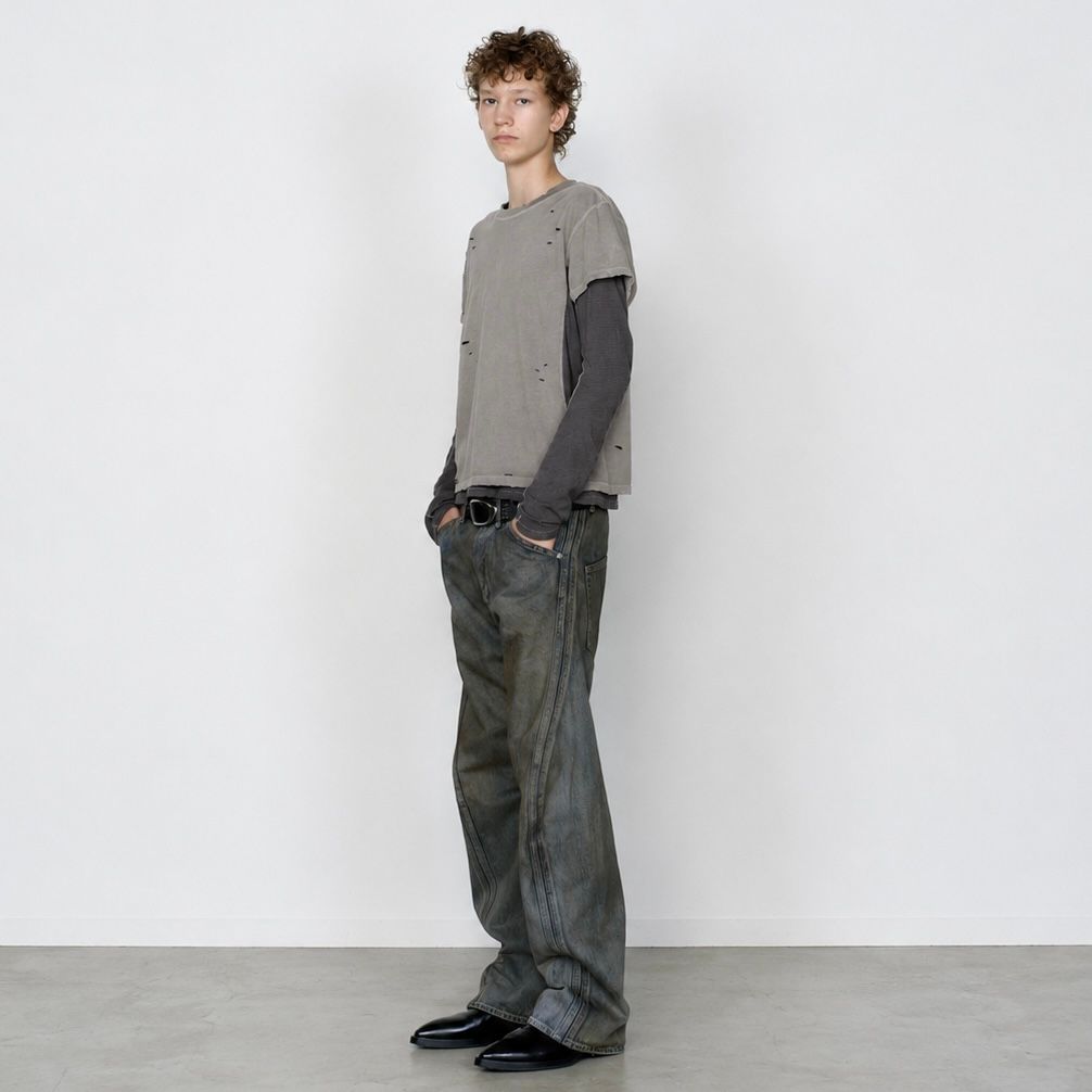【残り一点】Distressed Panneld Half Sleeve T-Shirt