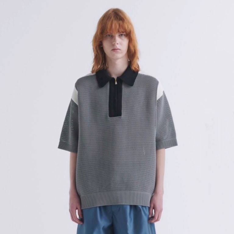 CULLNI - 【残り一点】Bi Color Mesh Knit Zip Up Polo Shirt 