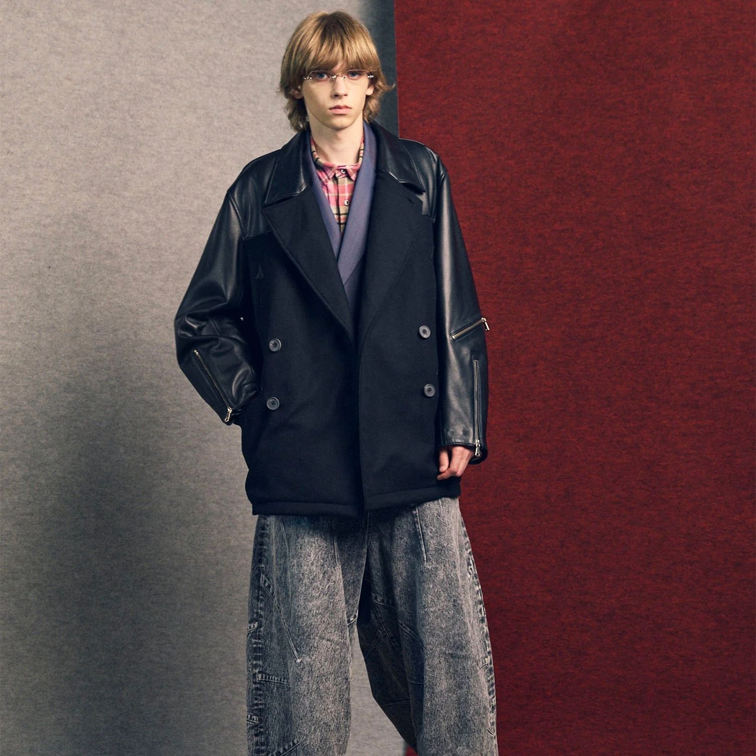 【残り一点】Sheep Leather Melton Combination Pea Coat