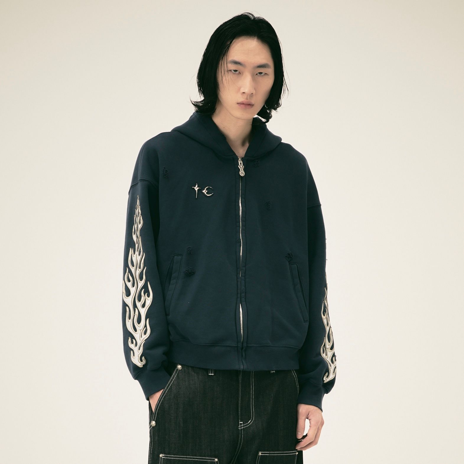 【残り一点】Leather Flame Hooded Zip Up