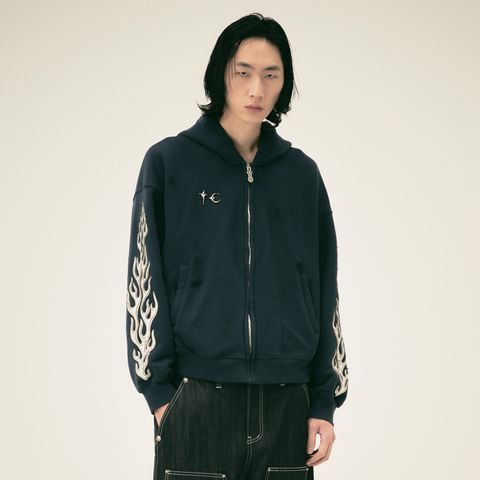 【残り一点】Leather Flame Hooded Zip Up