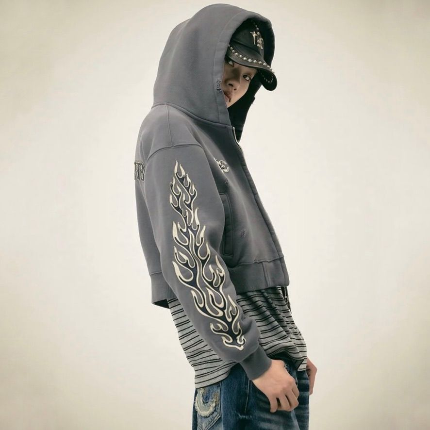 【残り一点】Leather Flame Cropped Hooded Zip Up