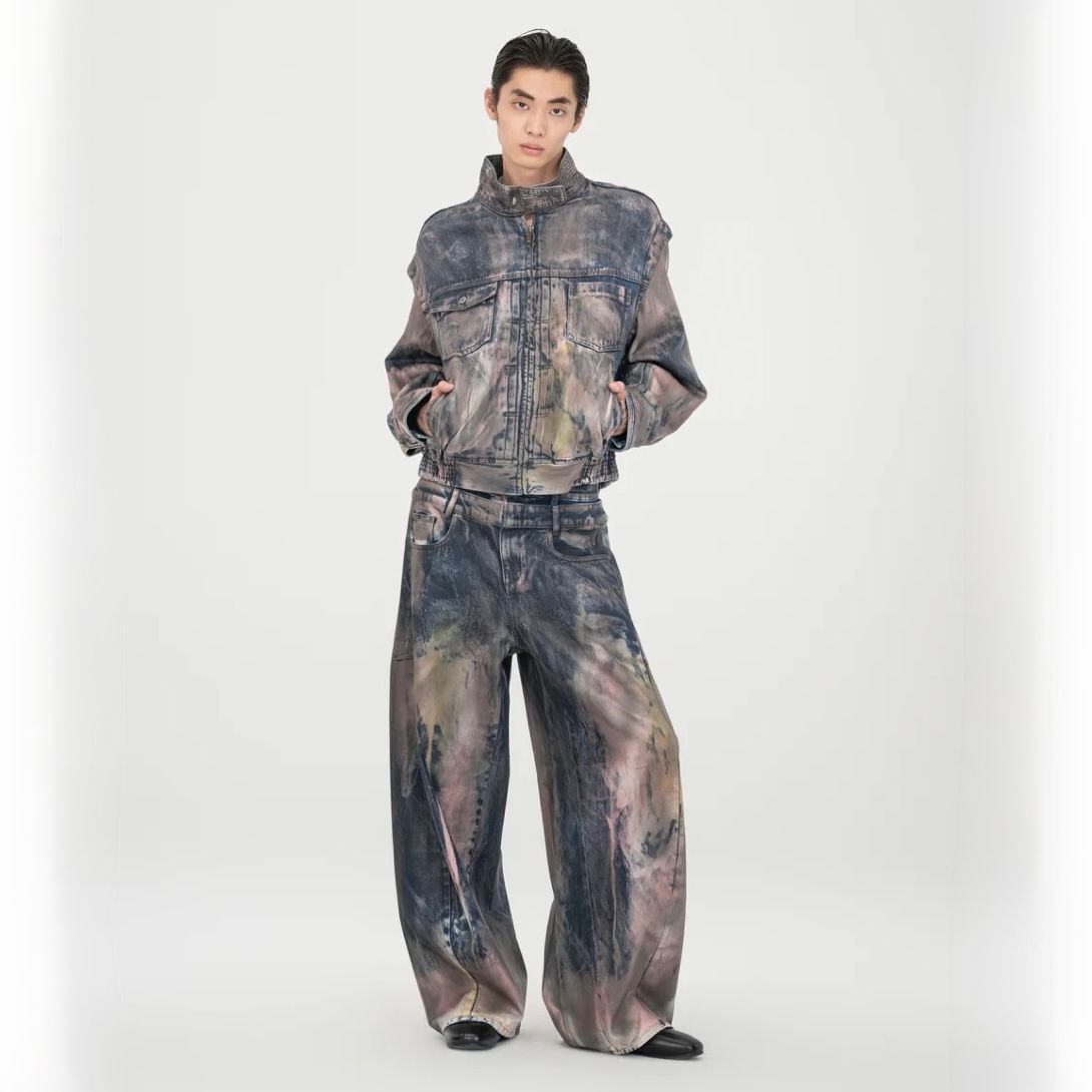 【残り一点】Brown Artistically Tie-Dyed Coated Denim SC Jacket