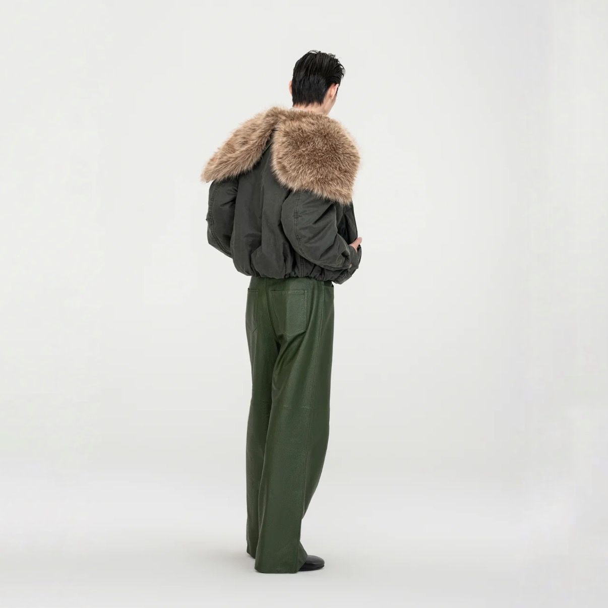 【残り一点】Green Washed Cotton Jacket with Faux Fur Collar