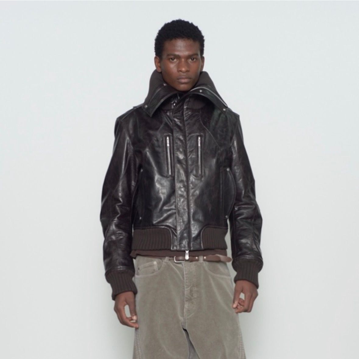 【残り一点】Leather Padded High Neck Bomber Jacket