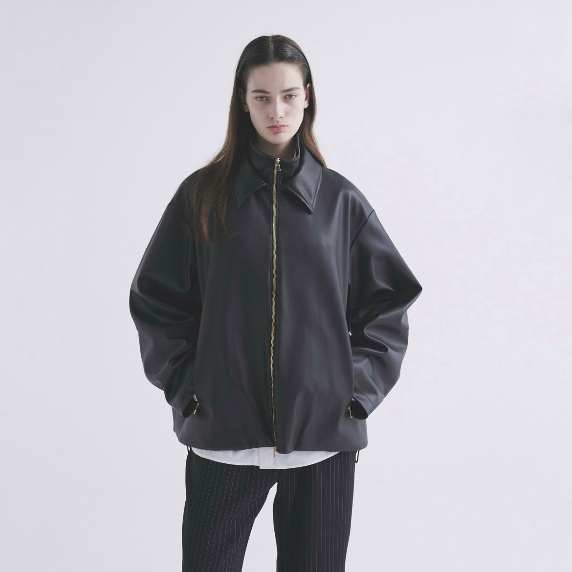 【残り一点】Faux Leather Layerd Collar Zip Up Jacket