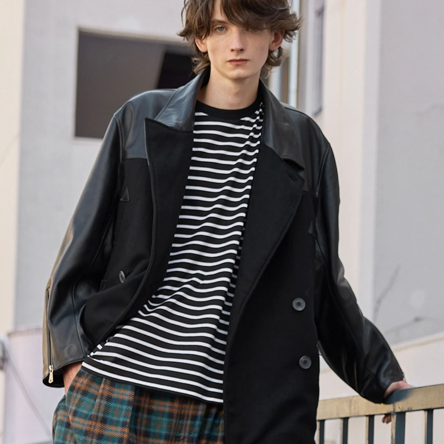 【残り一点】Sheep Leather Melton Combination Pea Coat