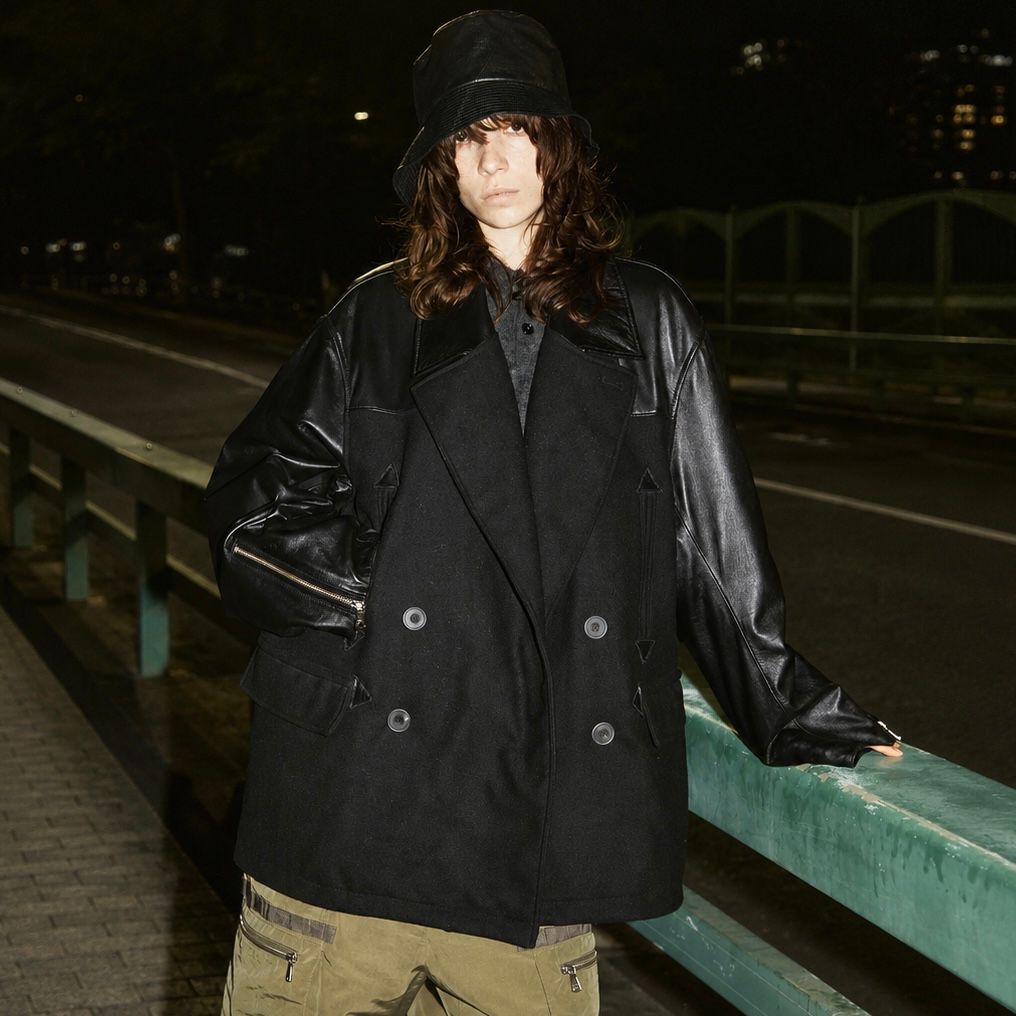 【残り一点】Sheep Leather Melton Combination Pea Coat