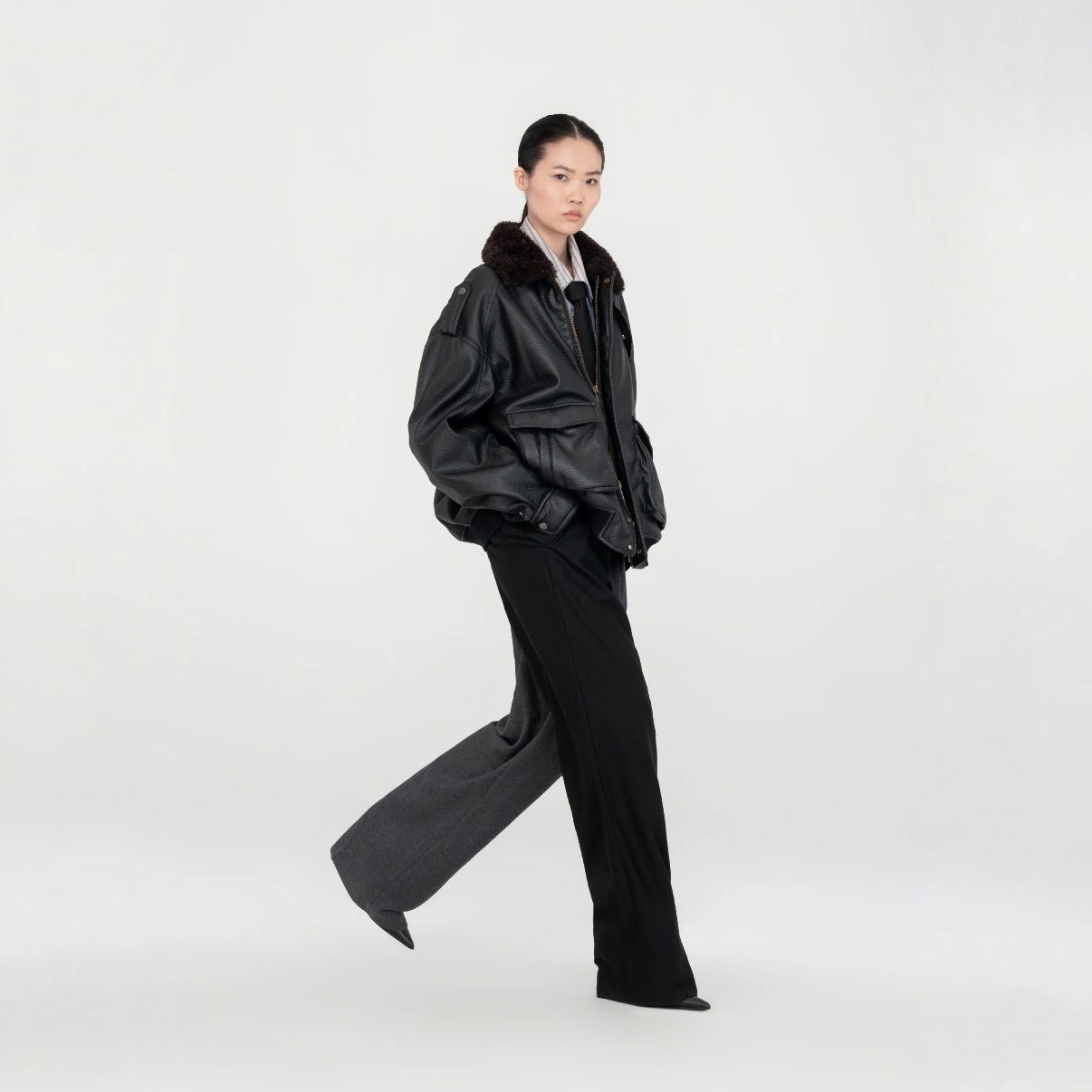 【残り一点】Oversized PU Jacket with Faux Fur Collar
