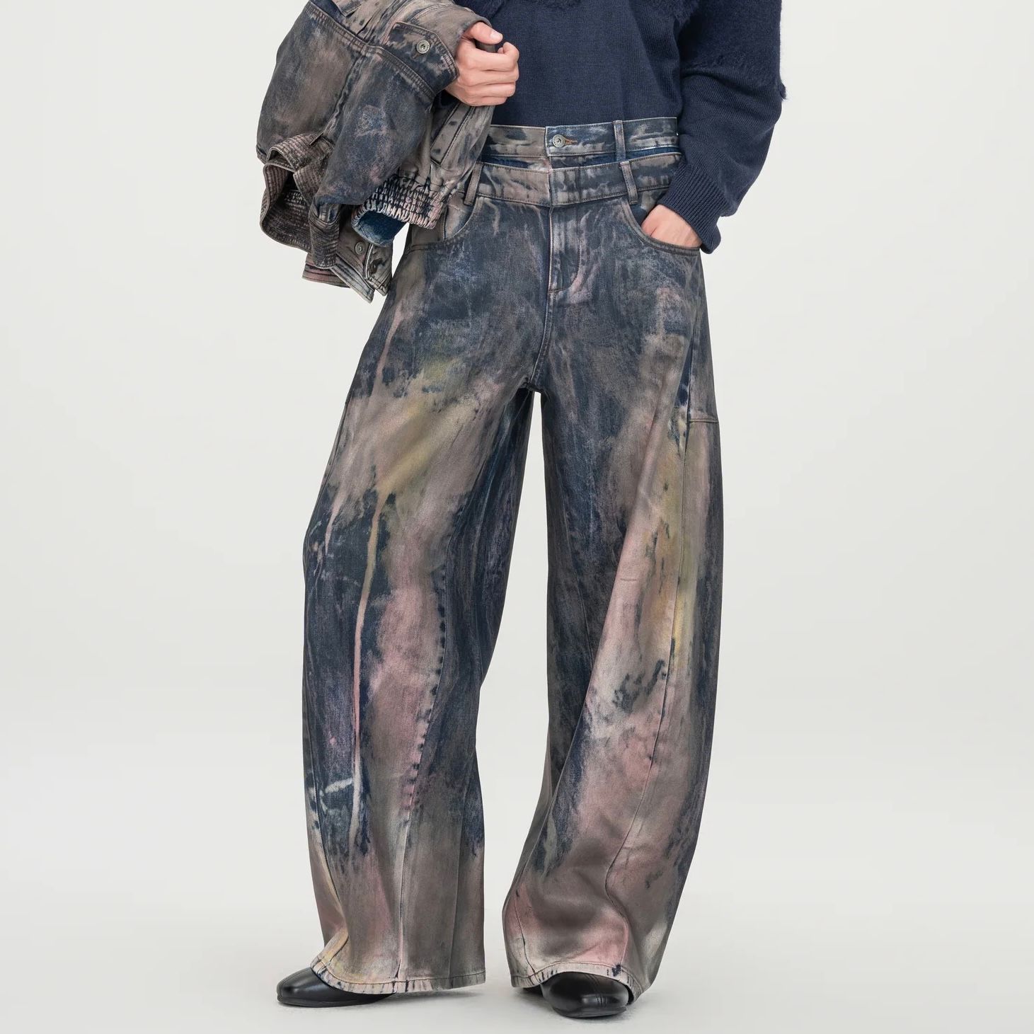 【残り一点】Brown Artistically Tie-Dyed Coated Denim Pants