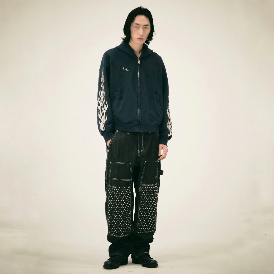 【残り一点】Leather Flame Hooded Zip Up